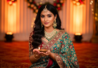 Diwali celebration: A beautiful Indian woman in traditional bridal Saree and jewelry, celebrating diwali,holding a single glowing Diya to celebrate the Diwali festival or a wedding.
