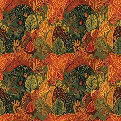 Autumnal forest foliage pattern with vibrant leaves and organic shapes design, patern seamless, Stock royalty image.