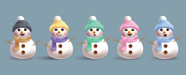 Christmas Snowman characters clipart set. Cute Snow man character clip art collection wearing colorful pastel hat and scarf costume with happy, funny, friendly and cute smiling faces for winter