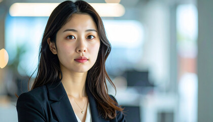 Naklejka premium 悩んだ表情で考え込む日本人女性会社員 – Young Japanese Businesswoman in Office with Thoughtful Troubled Expression