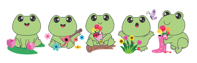 Frog drawing clipart online set. Cute green frog character sitting in leaf, wood, playing guitar, holding bouquet elements clip art in happy and adorable smile hand drawn icon vector illustration.
