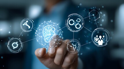 A business meeting with a presentation on artificial intelligence, featuring a digital brain graphic on a screen, professionals engaged in discussion, modern office setting