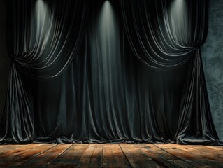 Dark theater stage draped in velvet curtains