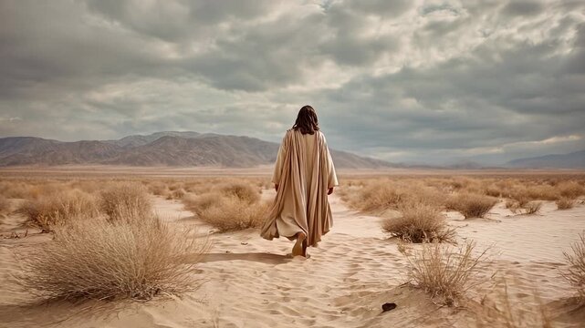 old man keeps walking through burned desert, his worn robe heavy sand. This hooded traveler is lost in his unending journey, the traveler pressing on as the desert and mountains form a grim landscape.