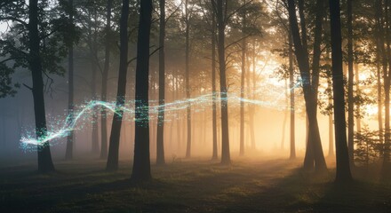 Mystical forest pathway with digital data stream