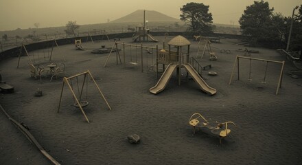 Fototapeta premium Abandoned playground covered in ash with a mountain in the background