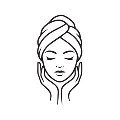Woman enjoying facial massage, line art icon. Spa, beauty, skincare, and wellness vector illustration.

