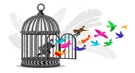 Businessman escaping from a cage with colorful birds flying out.