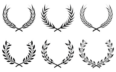 Vintage Laurel Wreath Icon Set – Black Olive Branch Circular Awards and Victory Symbols