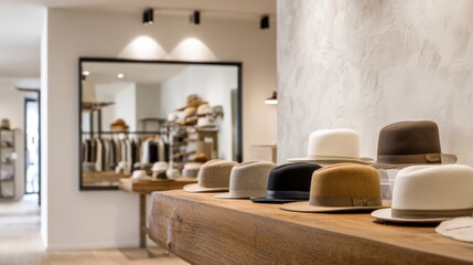Elegant Hats Displayed in a Modern Boutique with Stylish Interior Design and Selective Focus