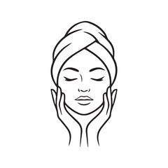 Woman enjoying facial massage, line art icon. Spa, beauty, skincare, and wellness vector illustration.
