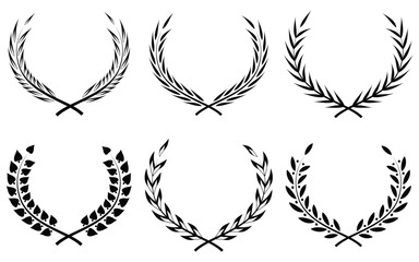 Vintage Laurel Wreath Icon Set – Black Olive Branch Circular Awards and Victory Symbols