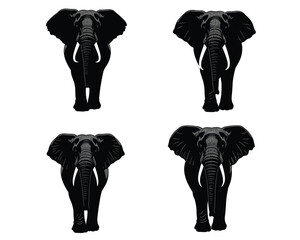 Four identical black elephants standing facing forward with tusks visible against a white background in a grid layout
