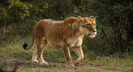 Fototapeta premium Lioness strides through savanna with digital data overlay, showcasing tracking technology