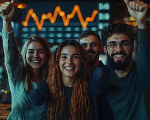 Young professionals cheering in celeb n behind a rising financial chart embodying business success and optimism
