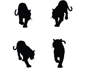 Four distinct black silhouette outlines of powerful big cats in dynamic stalking and running poses against a clean white background