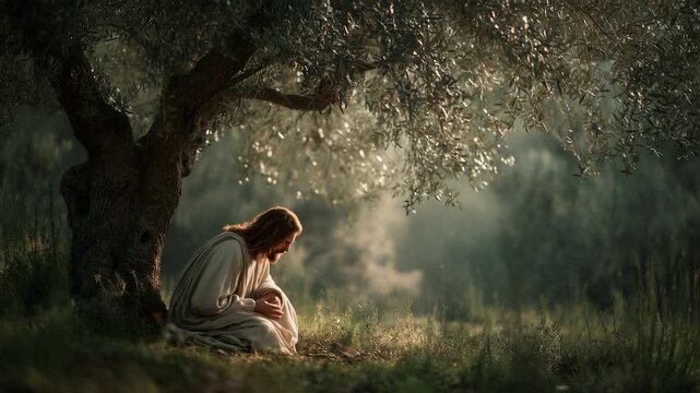 Jesus in Gethsemane under olive tree. Branches overhead. Night mist around robe. Prayer in solitude. Meditation near tree. Misty night surrounds branches. Jesus in prayer, under tree in solitude