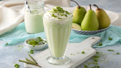 Refreshing Pear Milkshake With Pale Fresh Green Hues In A Frosty Glass, Set Against An Airy Light Background For A Crisp, Delicate, And Inviting Fruit-Inspired Dessert Beverage