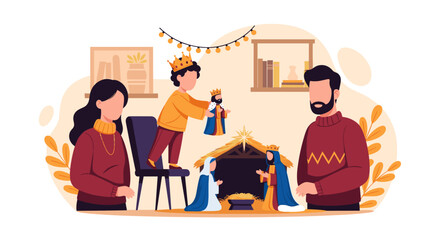 Fototapeta premium Family Building Nativity Scene Together at Christmas.