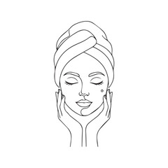 Woman enjoying facial massage, line art icon. Spa, beauty, skincare, and wellness vector illustration.
