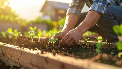 Fototapeta premium Hands planting a seedling in a raised bed uncluttered soil plane soft light and generous copy space clean gardening background for education and branding