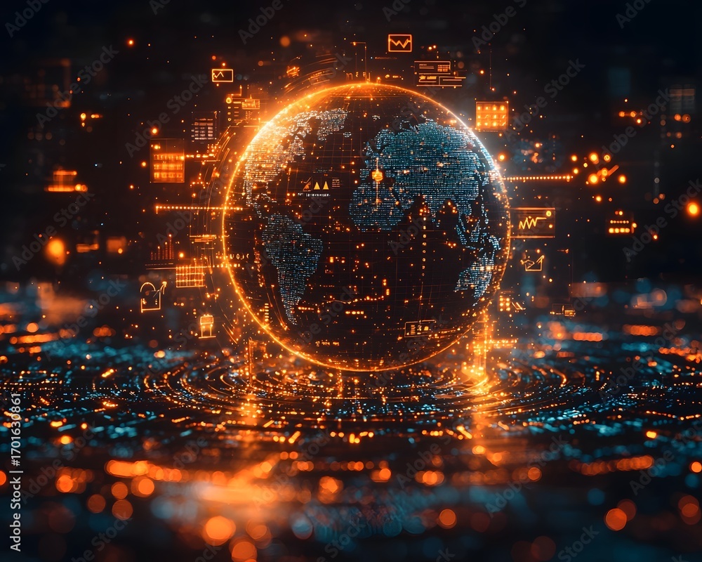 Poster a glowing digital globe at the center of interconnected data streams symbolizing global technology b