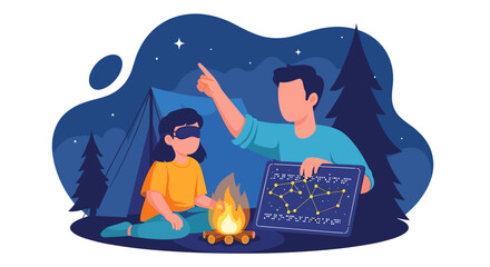 Father and child stargazing at night with constellation map.