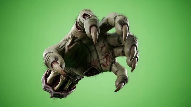 Terrifying Monster Claw Reaching Out with Sharp Talons on Green Screen Background
