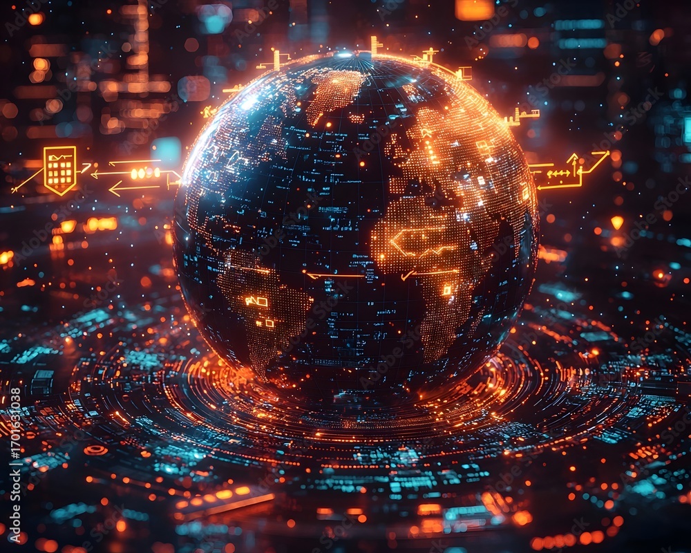 Poster futuristic digital globe with glowing data networks representing global technology and connectivity