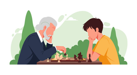 Grandfather and grandson playing chess in a park.