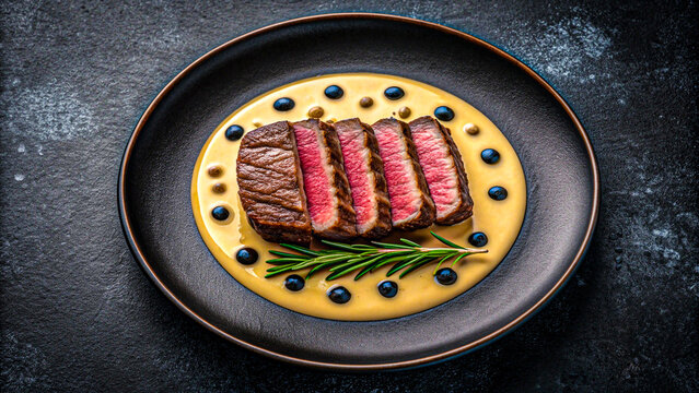 Gourmet steak dish with rosemary and sauce