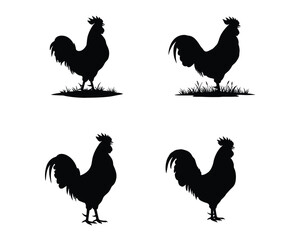 Four distinct silhouette illustrations of roosters standing proudly on grassy ground against a clean white background