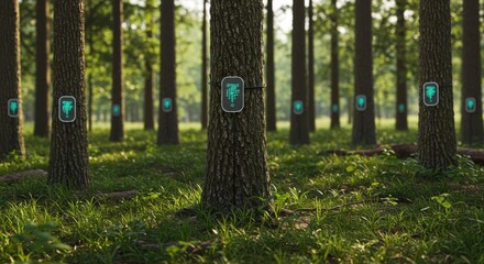 Forest trees with embedded technology devices for environmental monitoring and data collection
