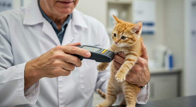 Ginger kitten's checkup veterinarian scans for microchip in clinic setting