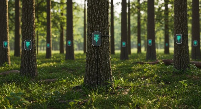 Forest trees with embedded technology devices for environmental monitoring and data collection