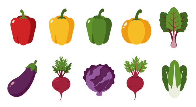 Colorful fresh vegetables set: peppers, eggplant, beets, cabbage, and greens
