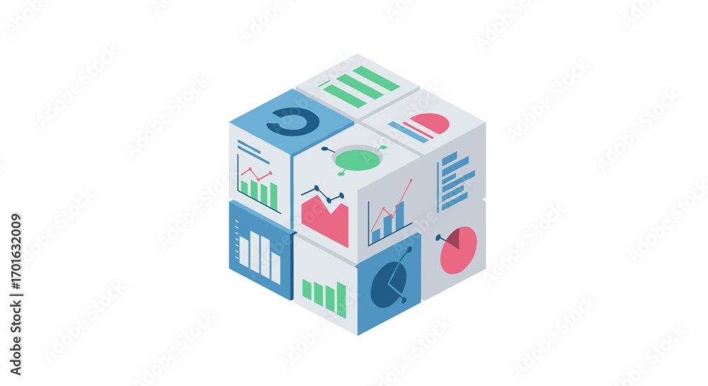 Poster isometric cube with data charts and graphs for business analysis