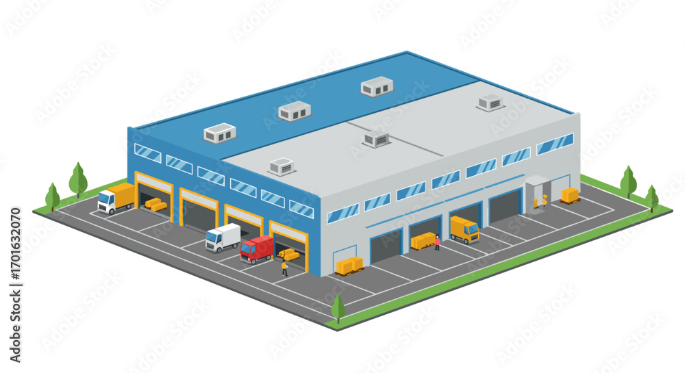 Poster modern warehouse building with loading docks and trucks in isometric design