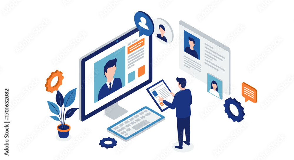 Poster isometric virtual networking concept with business professional using digital devices