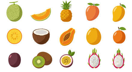 Tropical fruits collection with melon, pineapple, mango, and more in flat style