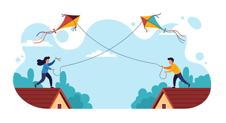 Children flying kites on rooftops enjoying outdoor leisure activity.