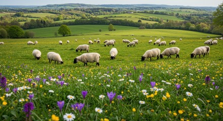 Sheep grazing in a vibrant meadow with rolling hills