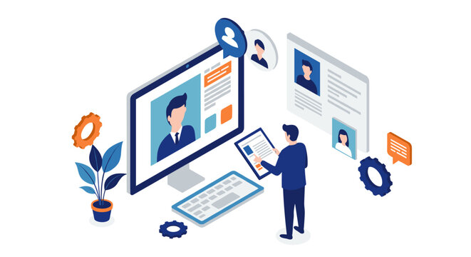 Isometric virtual networking concept with business professional using digital devices