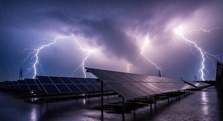 A dramatic nighttime scene depicts a solar panel array during a powerful thunderstorm with multiple lightning strikes illuminating the dark sky and wet panels
