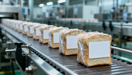 Packaged Bread Loaves Moving Along Conveyor Belt in Food Production Factory, Ready for Distribution