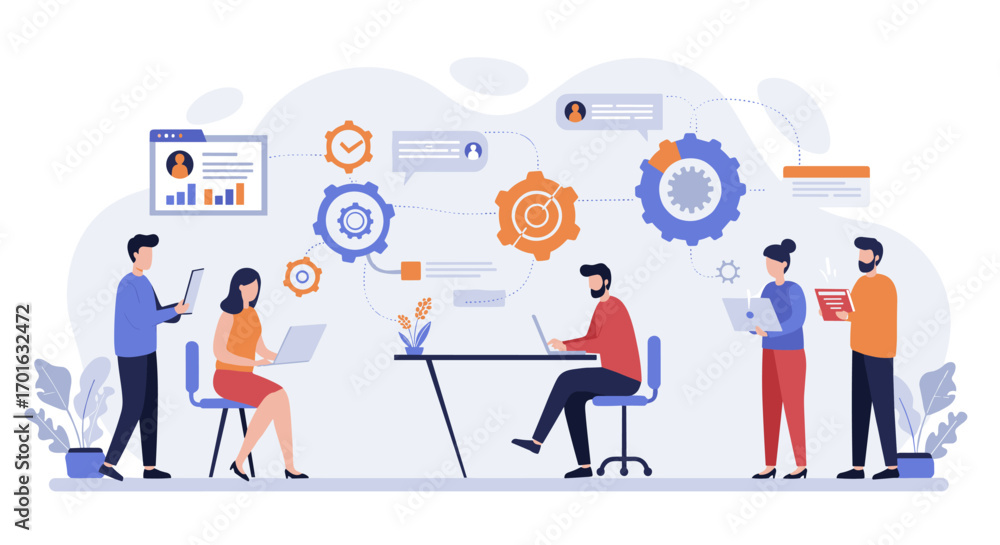 Poster team collaboration and workflow with gears and technology in modern office setting