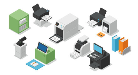 Fototapeta premium Isometric office printers and equipment set for modern workspaces