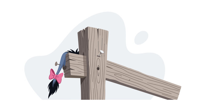 Wooden cross with a pink bow and black hair.