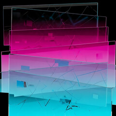 Vector illustration of several transparent glass panels stacked in perspective, each with glowing cracks and a vibrant gradient that transitions from neon pink to electric blue, abstract vector bg art
