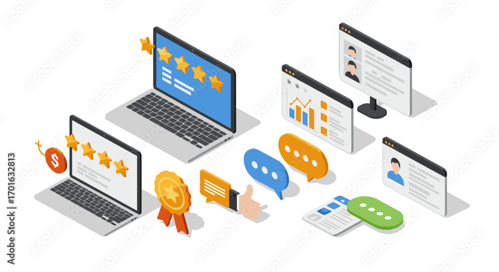 Poster isometric design of online review and feedback system with laptops and communication icons